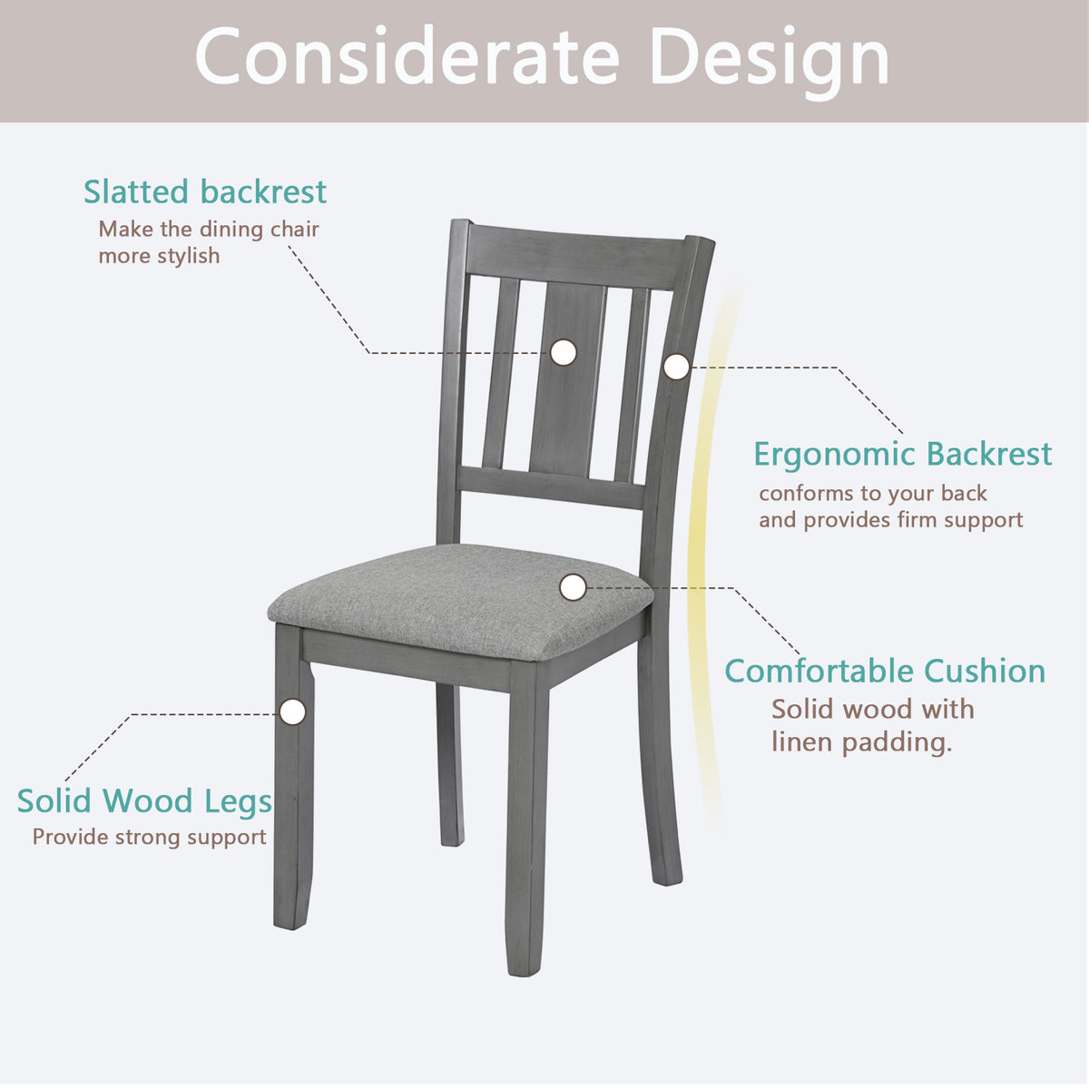 Wooden Dining Chairs Set Of 4, Kitchen Chair With Padded Seat, Upholstered Side Chair For Dining Room, Living Room, Gray Wood Gray Solid Back Seats 4 Dining Room Rubberwood Rubber Wood