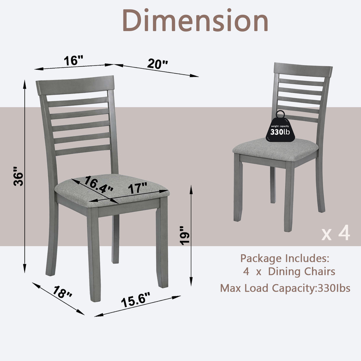 Wooden Dining Chairs Set Of 4, Kitchen Chair With Padded Seat, Upholstered Side Chair For Dining Room, Living Room, Gray Gray Dining Room Rubberwood Rubber Wood