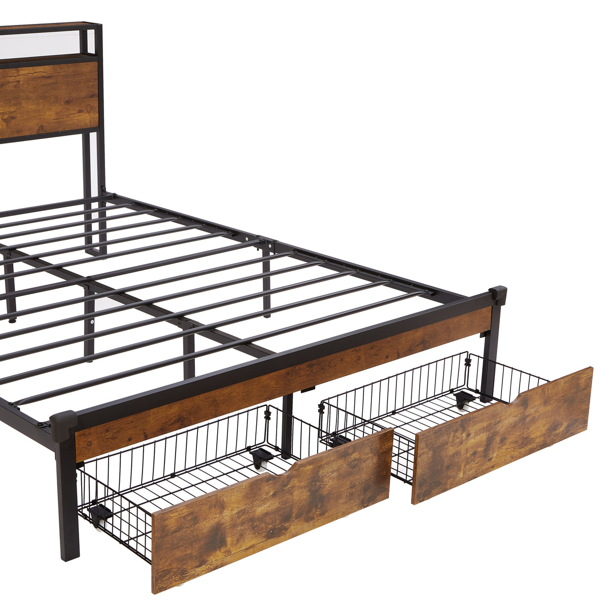 King Size Metal Platform Bed Frame With Wooden Headboard And Footboard With Usb,Charging Station,2 Drawers,Led Lights, No Box Spring Needed, Easy Assemble King Brown Black Mdf Metal