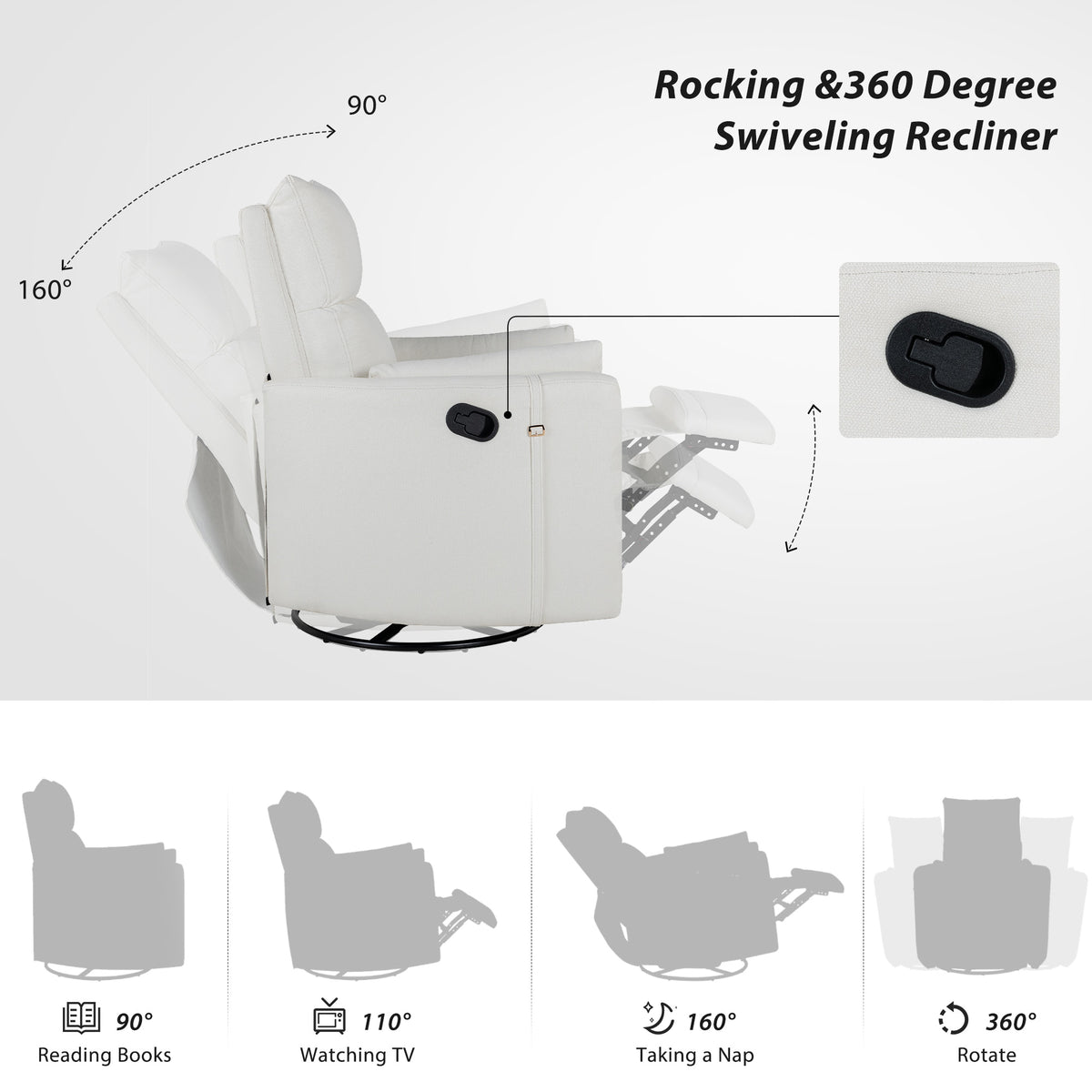 Upholstered Swivel Recliner Manual Rocker Recliner Chair Baby Nursery Chair With Two Removable Pillows For Living Room, Beige Beige Foam Linen