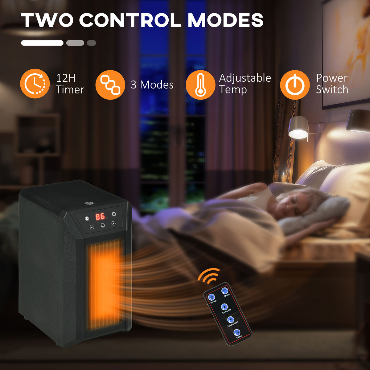 Electric Space Heater For Indoor Use, 1500W Fast Heating Portable Electric Heater With Infrared Quartz Heat Element, Thermostat, 3 Modes, Remote, 12H Timer Black Plastic