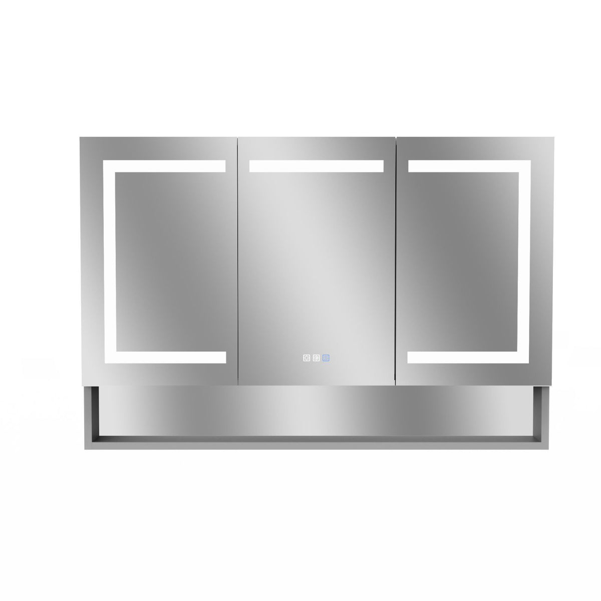Lighted Medicine Cabinet 48 X 32 Inch, Recessed Or Surfaceclock, Room Temp Display,Defog,Night Light,Stepless Dimming,3000K 6400K, Outlets & Usbs,Double Sided Mirror.Silver External Storage Shelf. Silver Aluminium