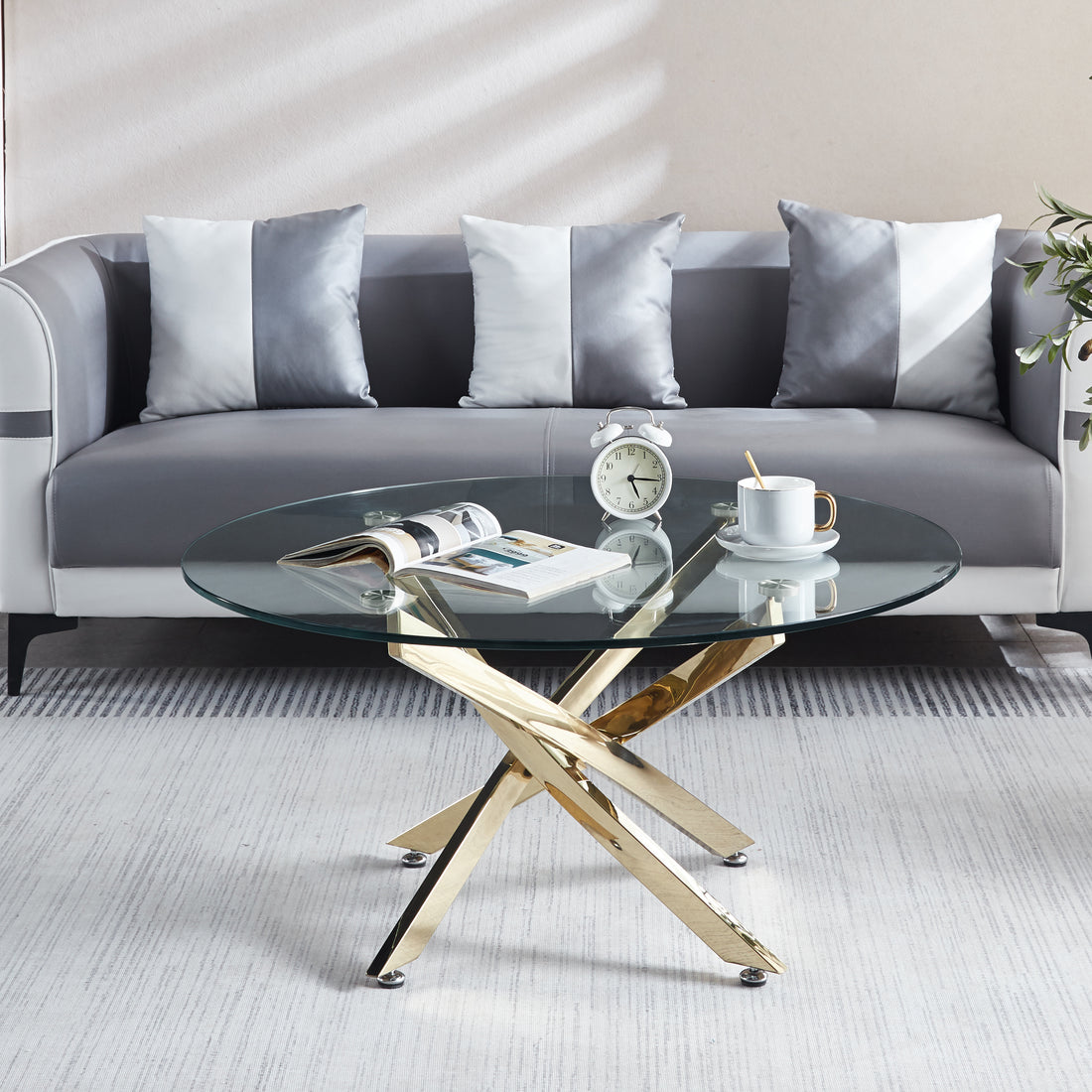 Modern Round Tempered Glass Coffee Table With Chrome Legs Gold Tempered Glass