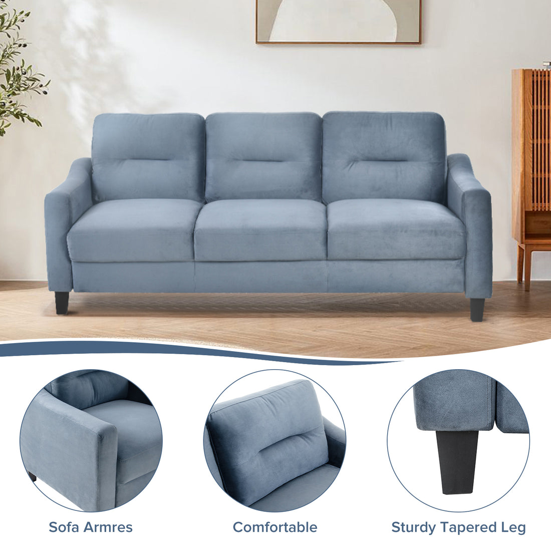 Couch Comfortable Sectional Couches And Sofas For Living Room Bedroom Office Small Space Gray Velvet 3 Seat