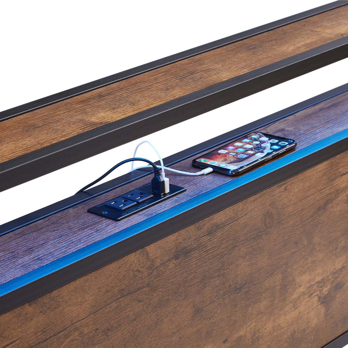 King Size Metal Platform Bed Frame With Wooden Headboard And Footboard With Usb,Charging Station,2 Drawers,Led Lights, No Box Spring Needed, Easy Assemble King Brown Black Mdf Metal
