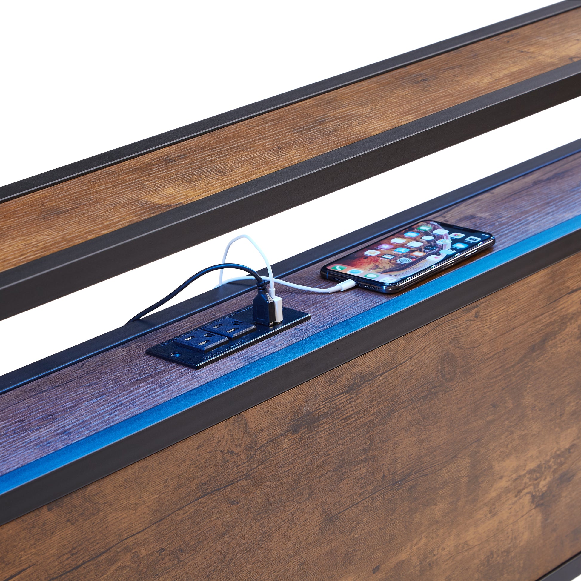 King Size Metal Platform Bed Frame With Wooden Headboard And Footboard With Usb Liner, Led Lights ,No Box Spring Needed, Large Under Bed Storage, Easy Assemble Black Brown Metal