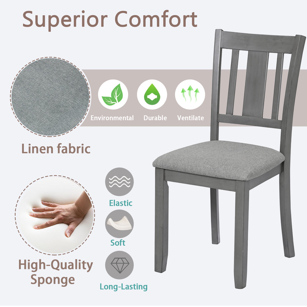 Wooden Dining Chairs Set Of 4, Kitchen Chair With Padded Seat, Upholstered Side Chair For Dining Room, Living Room, Gray Wood Gray Solid Back Seats 4 Dining Room Rubberwood Rubber Wood