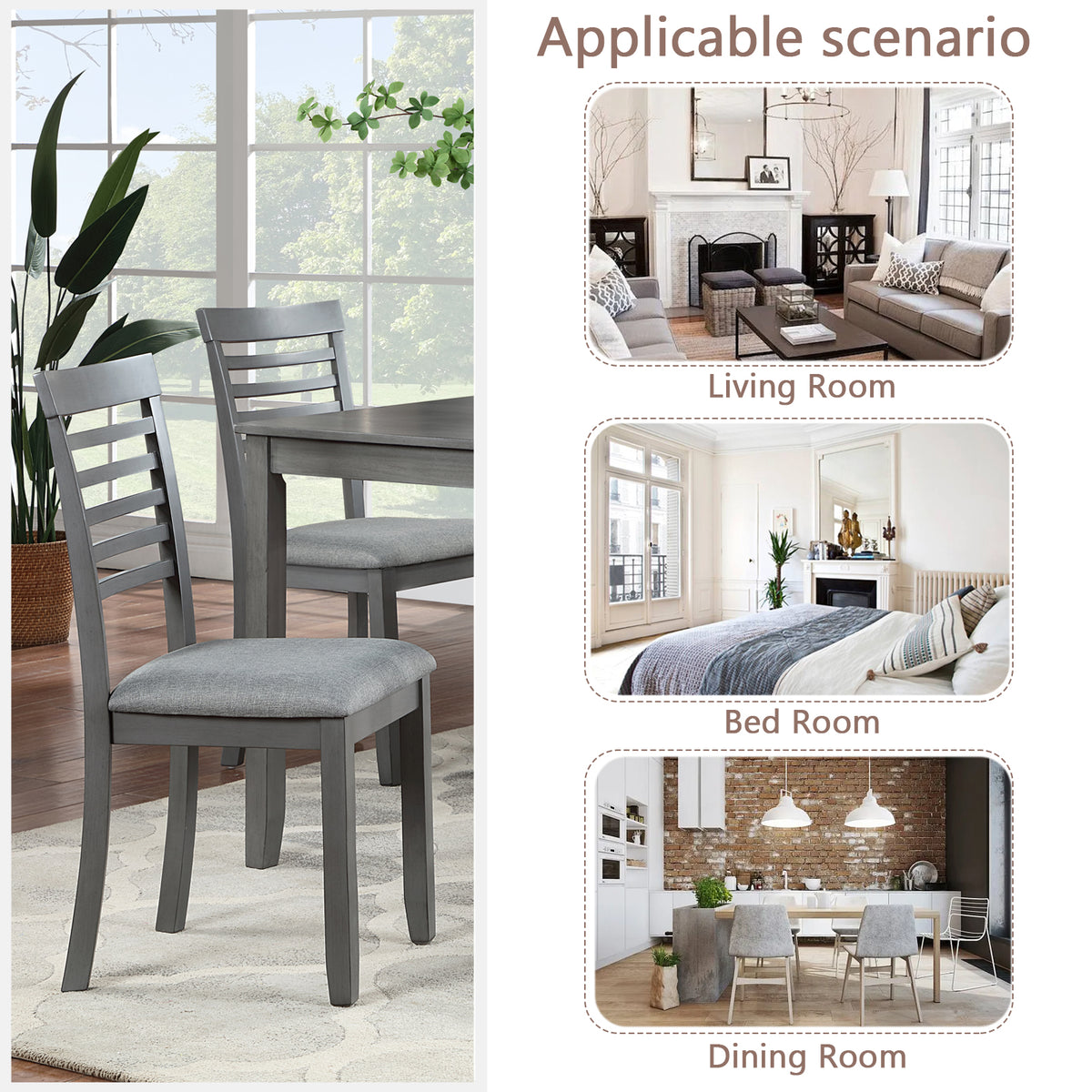 Wooden Dining Chairs Set Of 4, Kitchen Chair With Padded Seat, Upholstered Side Chair For Dining Room, Living Room, Gray Gray Dining Room Rubberwood Rubber Wood