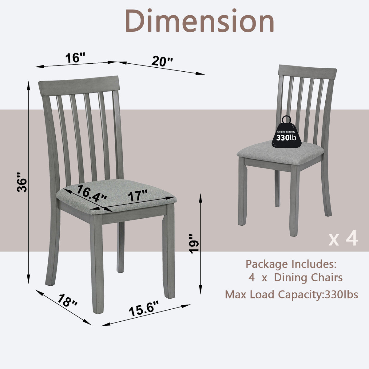 Wooden Dining Chairs Set Of 4, Kitchen Chair With Padded Seat, Upholstered Side Chair For Dining Room, Living Room, Gray Gray Dining Room Rubberwood Rubber Wood