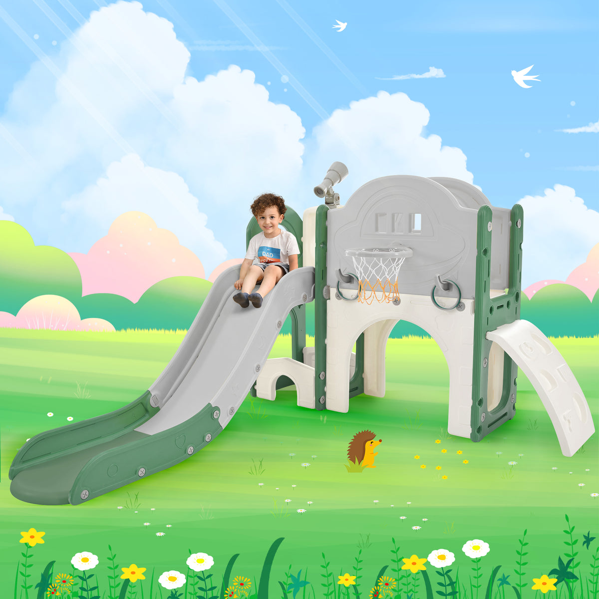 Kids Slide Playset Structure 7 In 1, Freestanding Space Set With Slide, Arch Tunnel, Ring Toss And Basketball Hoop, Toy Storage Organizer For Toddlers, Kids Climbers Playground Green Hdpe