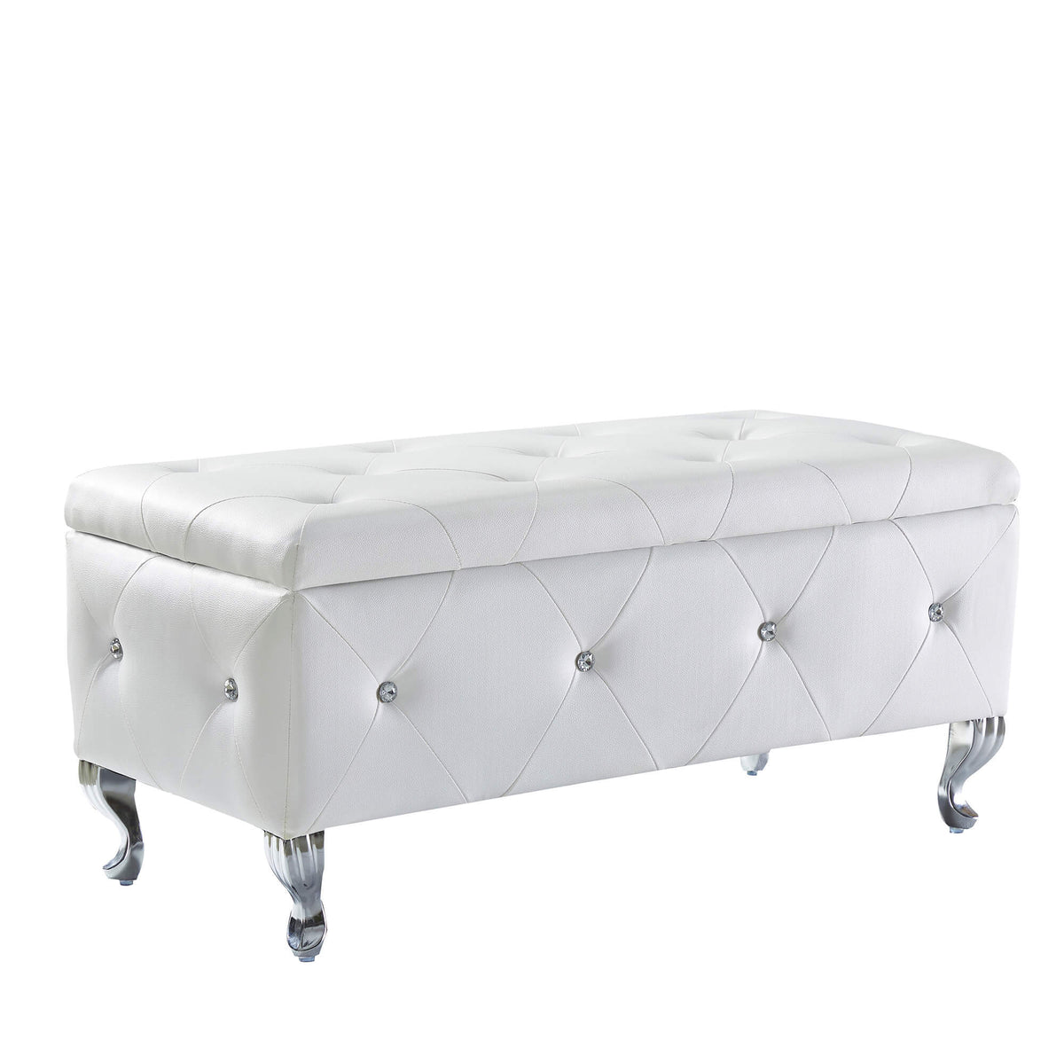 Upholstered Storage Ottoman Bench For Bedroom End Of Bed Faux Leather Rectangular Storage Benches Footrest With Crystal Buttons For Living Room Entryway White White Bedroom Black Pine Wood White Pu Vanity Stools Faux Leather Rectangular American