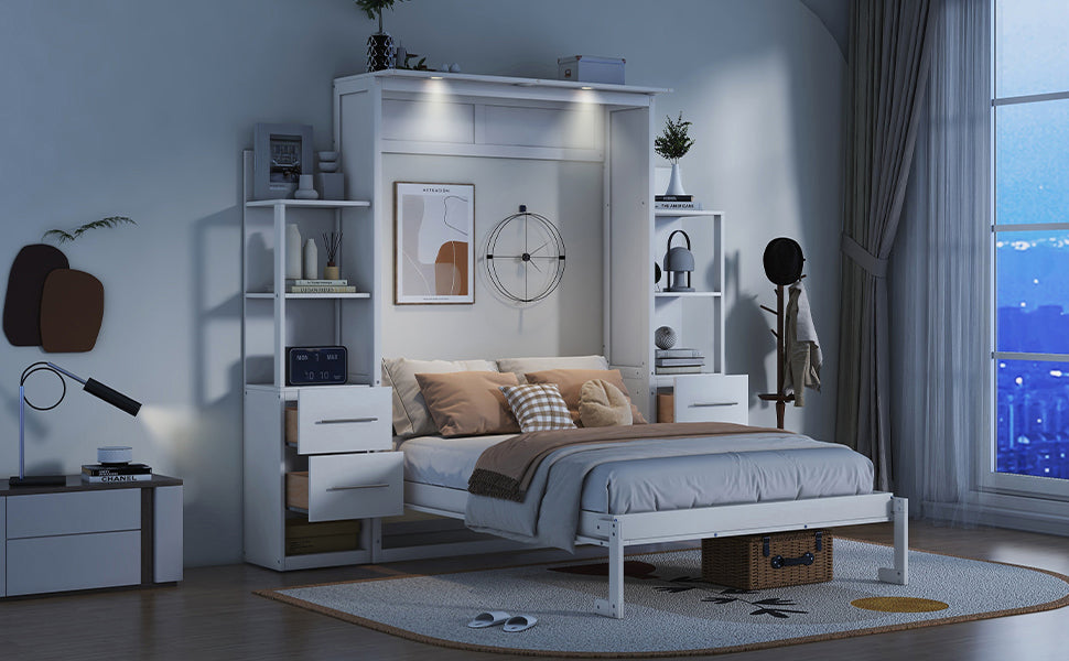 Full Size Murphy Bed Wall Bed With Shelves, Drawers And Led Lights,White White Mdf Lvl