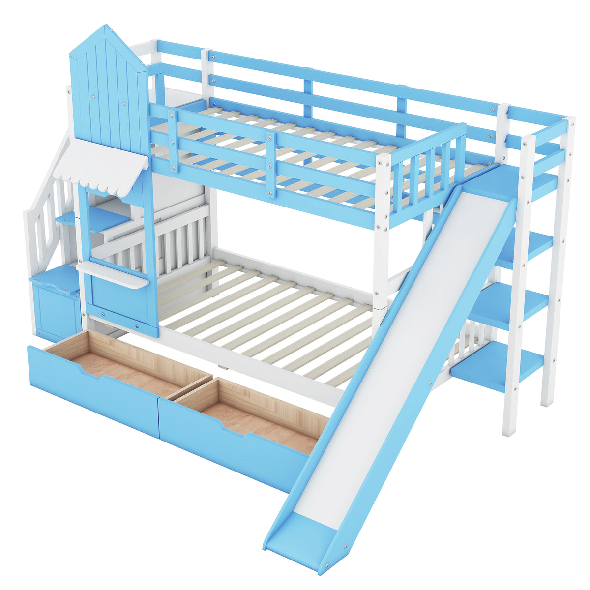 Twin Over Twin Castle Style Bunk Bed With 2 Drawers 3 Shelves And Slide Blue Blue Solid Wood