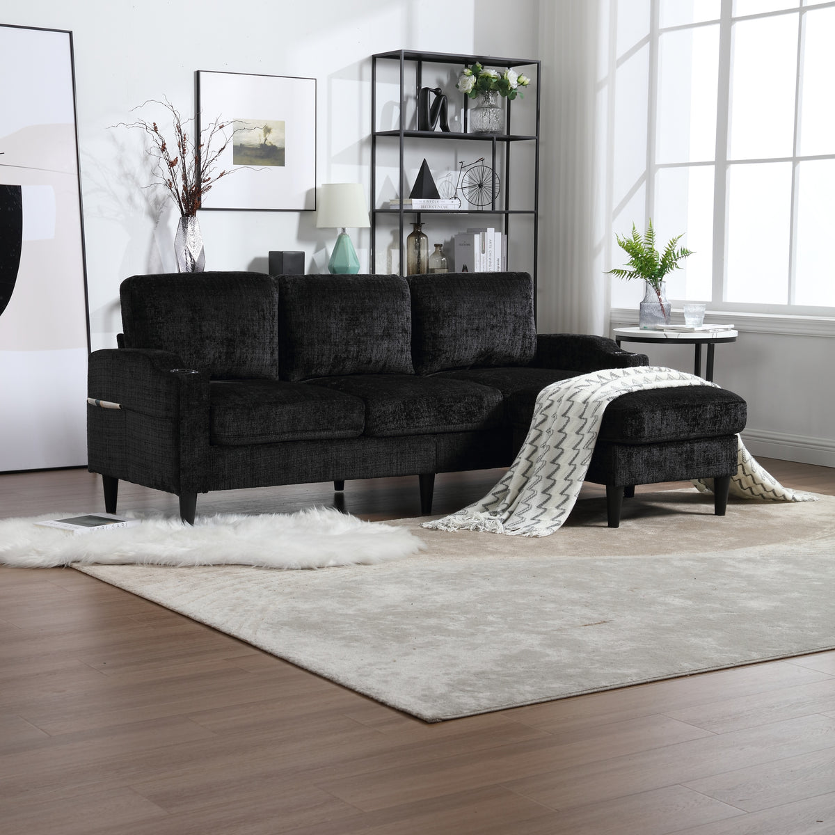 United Storage Sofa Living Room Sofa Cozy Sectional Sofa Black Polyester 3 Seat