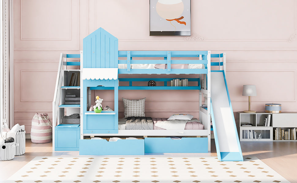 Twin Over Twin Castle Style Bunk Bed With 2 Drawers 3 Shelves And Slide Blue Blue Solid Wood