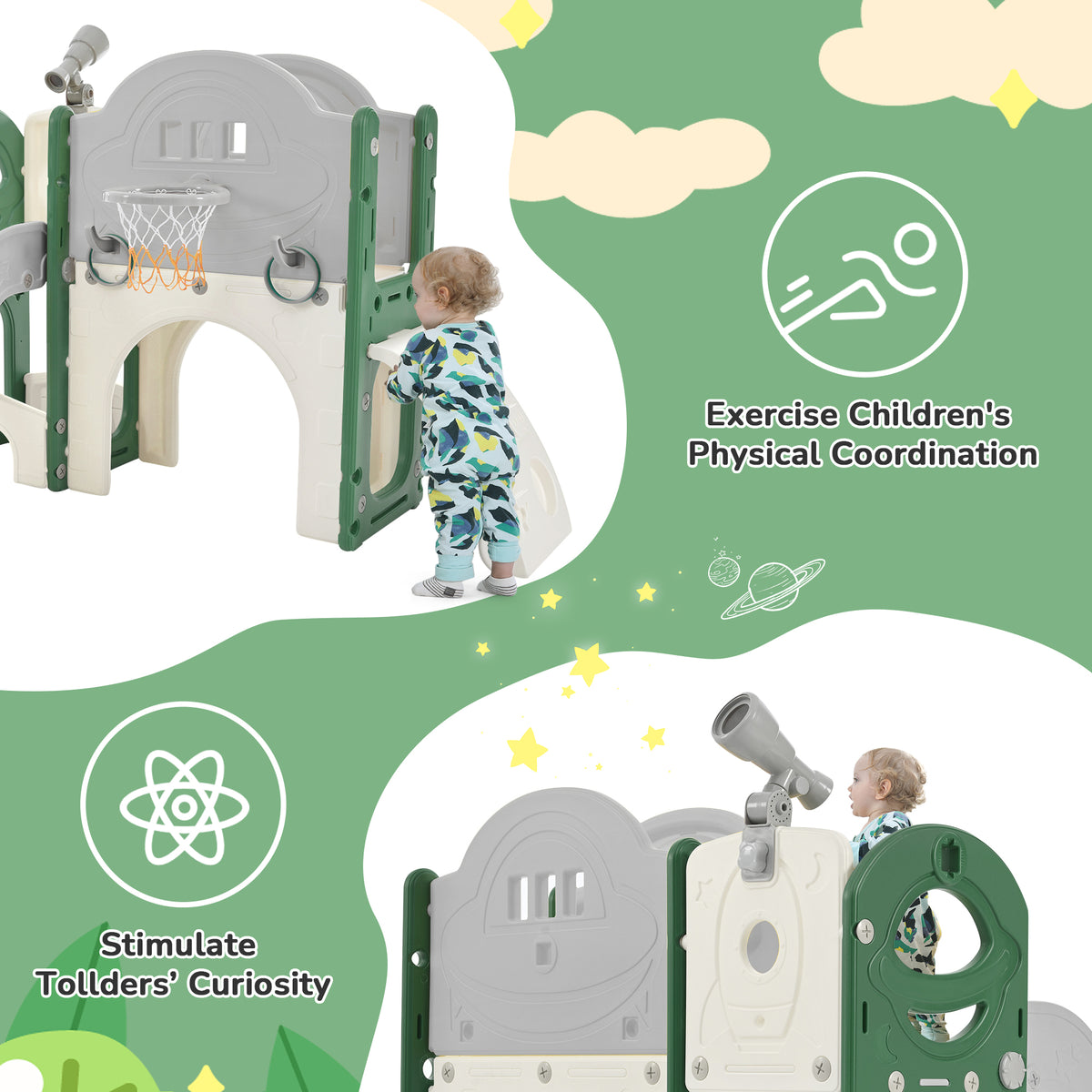 Kids Slide Playset Structure 7 In 1, Freestanding Space Set With Slide, Arch Tunnel, Ring Toss And Basketball Hoop, Toy Storage Organizer For Toddlers, Kids Climbers Playground Green Hdpe