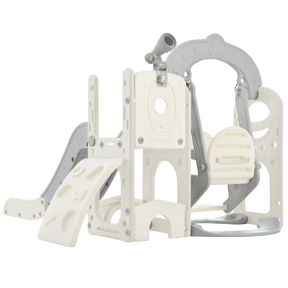 Toddler Slide And Swing Set 5 In 1, Kids Playground Climber Slide Playset With Telescope, Freestanding Combination For Babies Indoor & Outdoor Grey White Hdpe