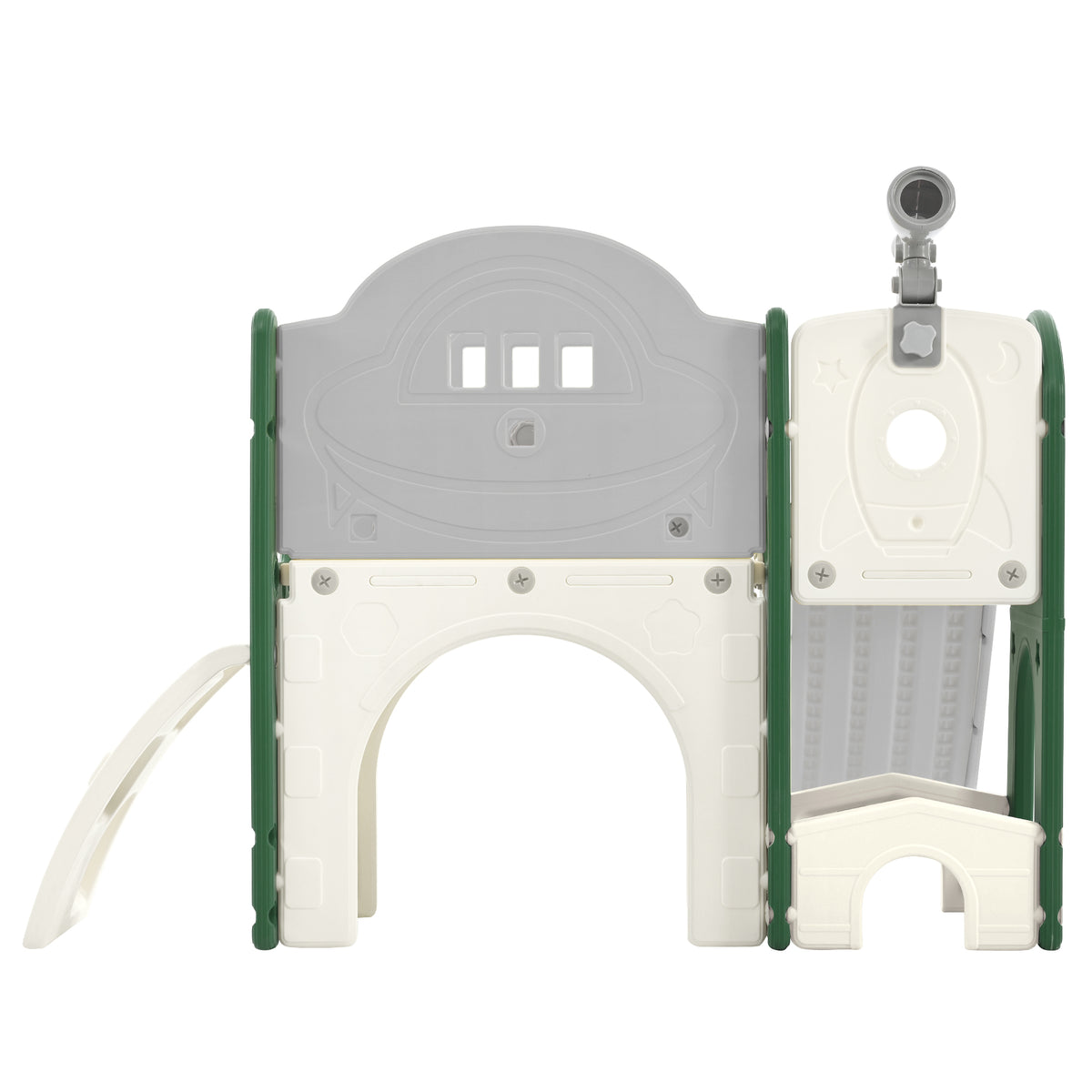 Kids Slide Playset Structure 7 In 1, Freestanding Space Set With Slide, Arch Tunnel, Ring Toss And Basketball Hoop, Toy Storage Organizer For Toddlers, Kids Climbers Playground Green Hdpe