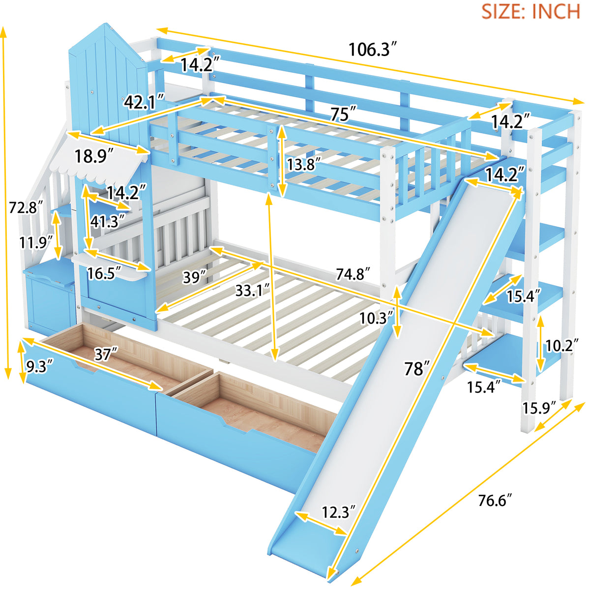 Twin Over Twin Castle Style Bunk Bed With 2 Drawers 3 Shelves And Slide Blue Blue Solid Wood
