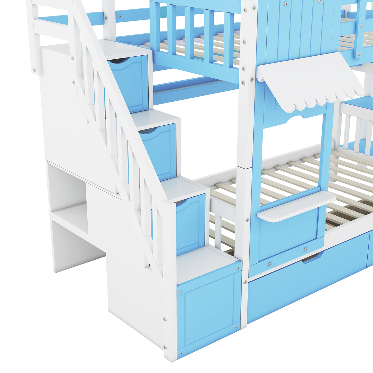 Twin Over Twin Castle Style Bunk Bed With 2 Drawers 3 Shelves And Slide Blue Blue Solid Wood