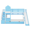 Twin Over Twin Castle Style Bunk Bed With 2 Drawers 3 Shelves And Slide Blue Blue Solid Wood