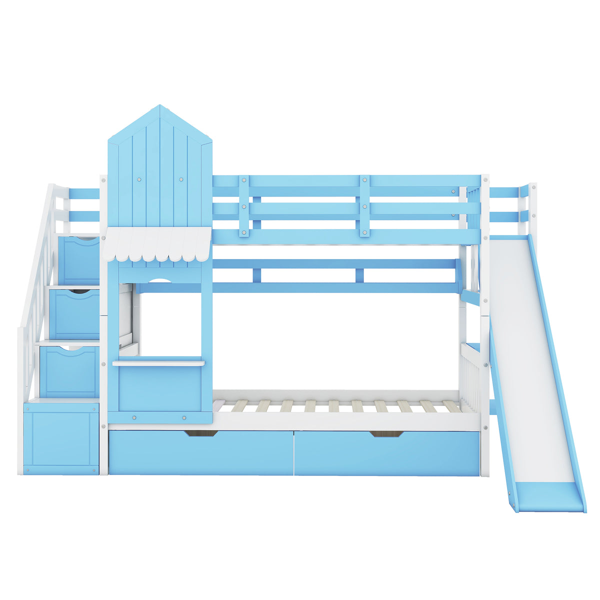 Twin Over Twin Castle Style Bunk Bed With 2 Drawers 3 Shelves And Slide Blue Blue Solid Wood