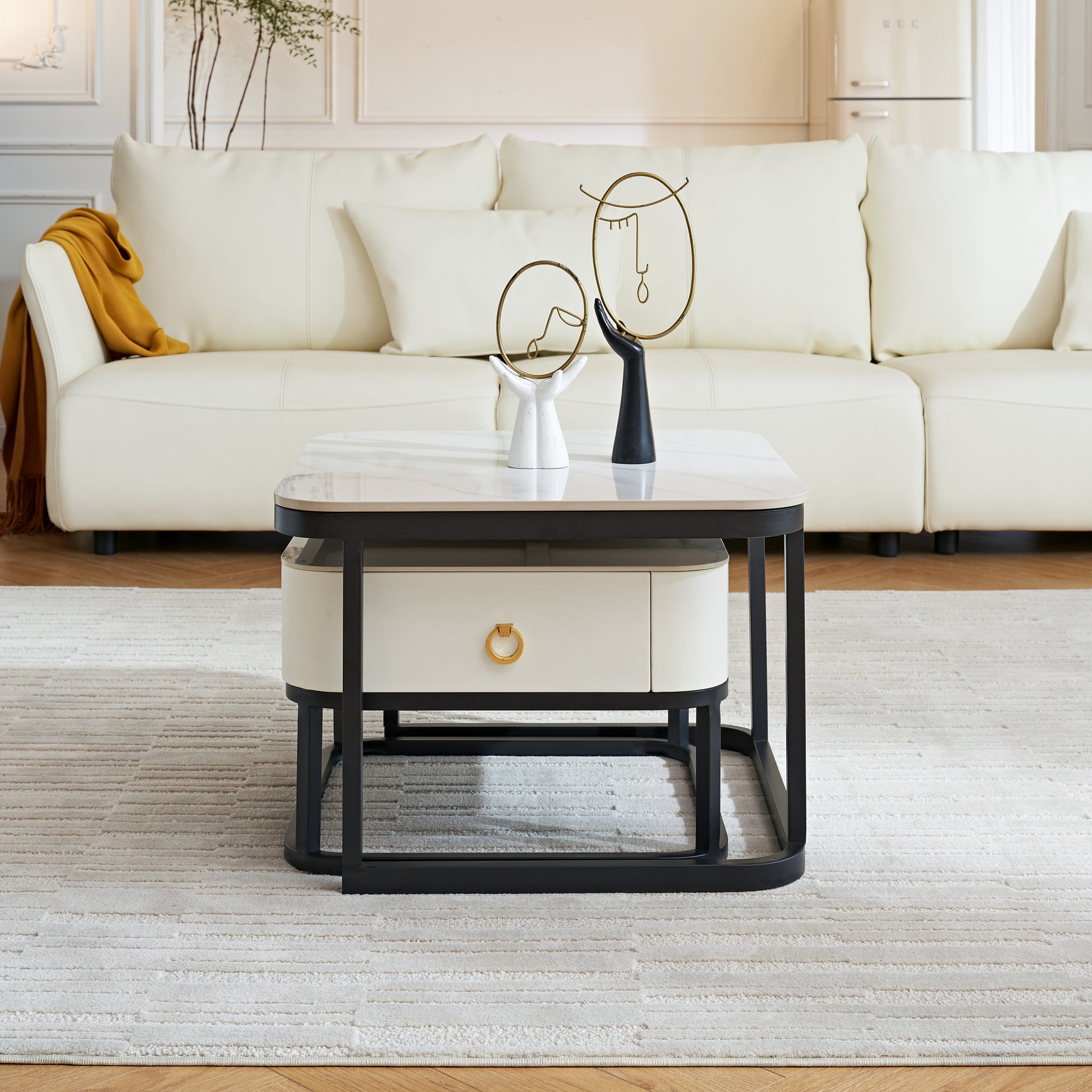 Modern Marble Nesting Table, Coffee Table Set Of 2 End Table For Living Room,Stacking Side Tables, For Living Room Bedroom, Accent Tea Table With Metal Frame, Sturdy And Easy Assembly, Black Black Sintered Stone