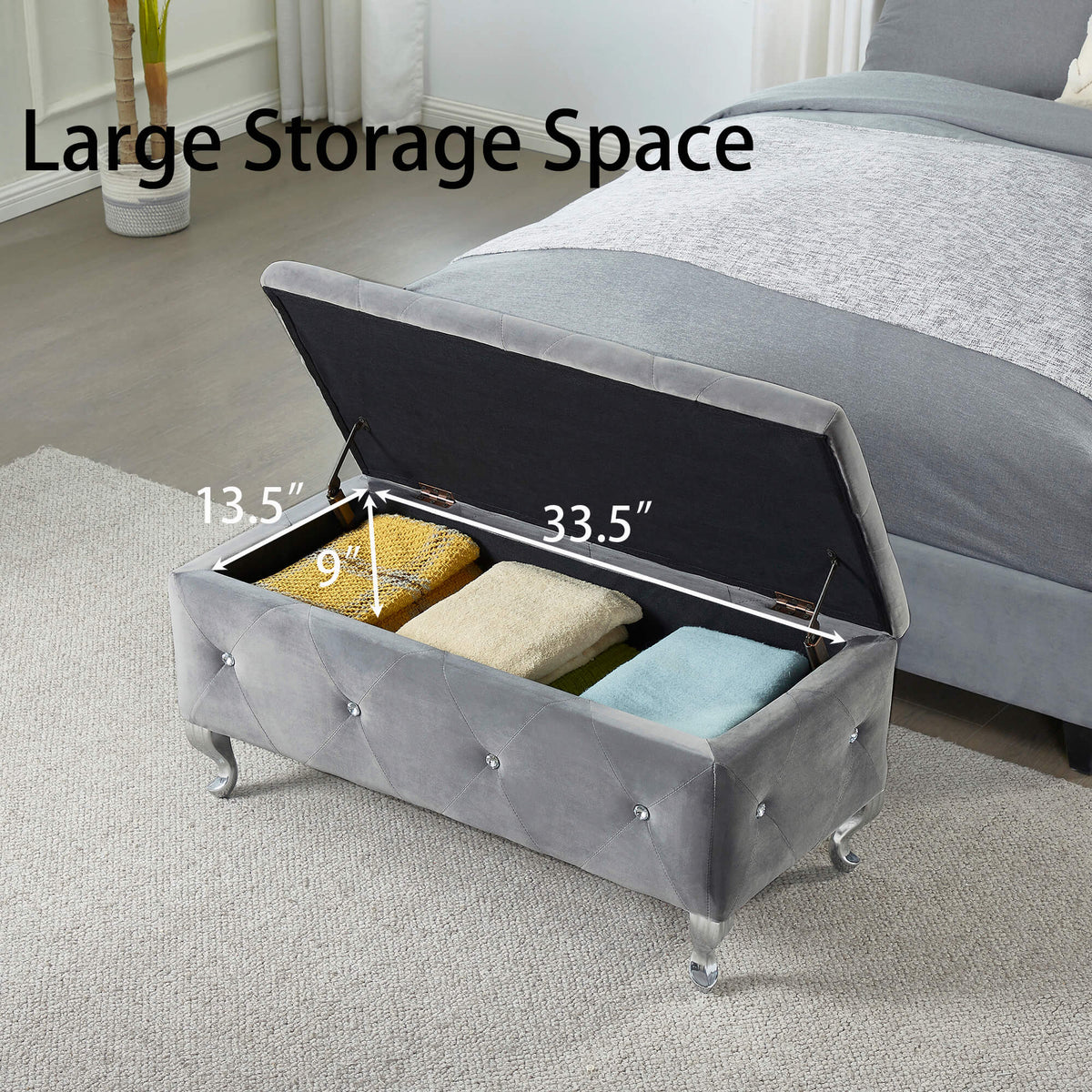 Tufted Storage Ottoman Bench For Bedroom End Of Bed Large Upholstered Storage Benches Footrest With Crystal Buttons For Living Room Entryway Grey Tufted White Bedroom Grey Pine Wood Gray Vanity Stools Velvet Solid American