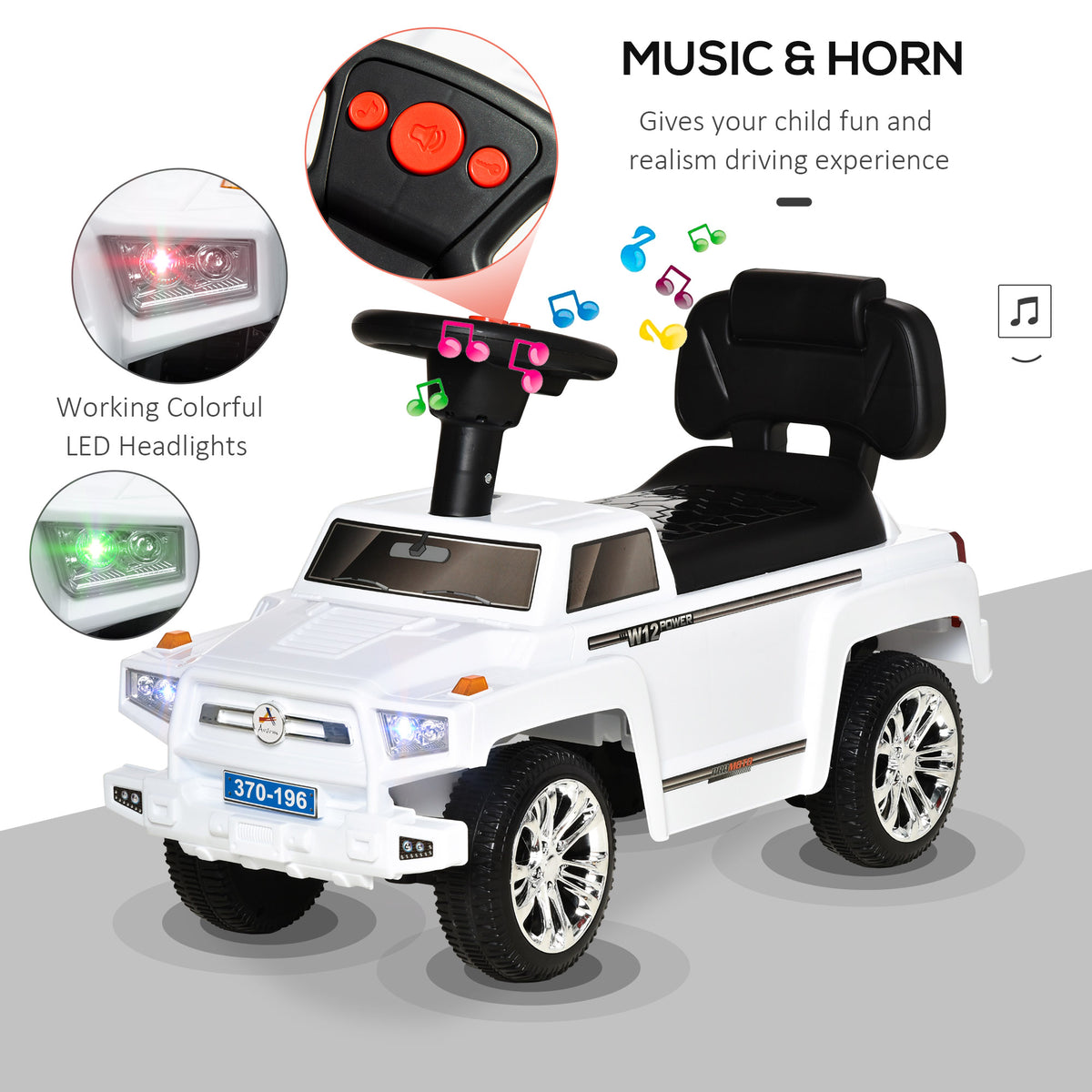 Kids Ride On Push Car, Suv Style Sliding Walking Car For Toddle With Horn, Music, Working Lights, Hidden Storage And Anti Dumping System, White White Metal