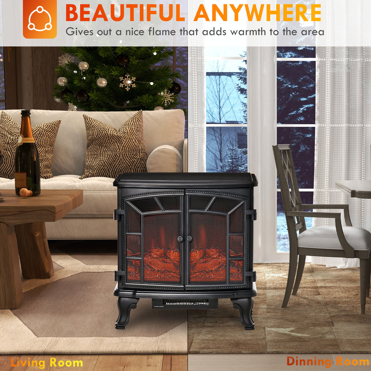 27" Electric Fireplace Heater, Fireplace Stove With Realistic Led Flames And Logs, Remote Control And Overheating Protection, 750W 1500W, Black Black Abs