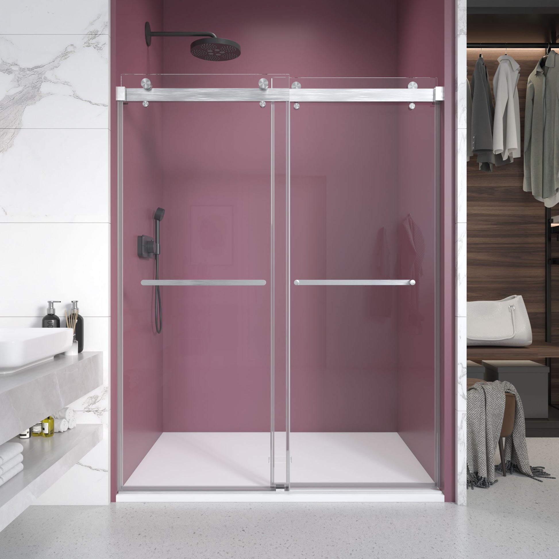 72'' 76'' W X 76'' H Double Sliding Frameless Shower Door With 3 8 Inch 10Mm Clear Glass In Brushed Nickel Brushed Nickel Stainless Steel