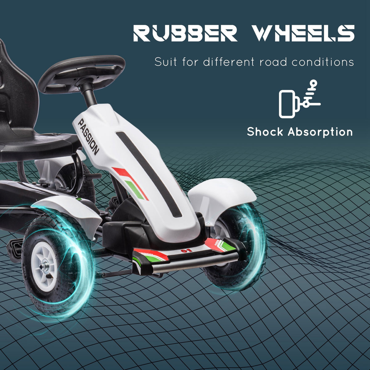 Kids Pedal Go Kart, Outdoor Ride On Toys With Adjustable Seat, Sharp Handling, Handbrake, 4 Non Slip Rubber Wheels For Boys & Girls Aged 5 12 Years Old, White White Metal