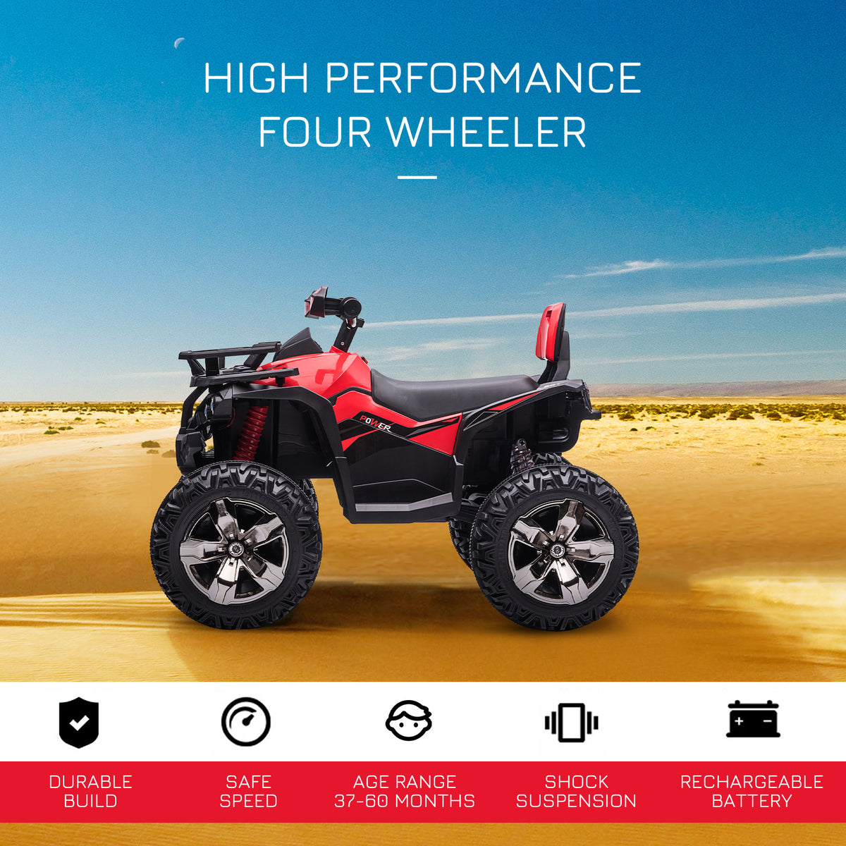 12V Kids Atv Ride On Four Wheeler Toy Car With Music, Realistic Headlights, Wide Wheels, Rechargeable Battery Powered, For Boys And Girls, Red Red Steel