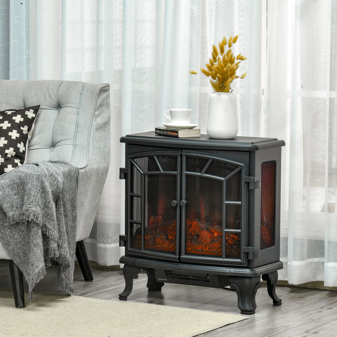 27" Electric Fireplace Heater, Fireplace Stove With Realistic Led Flames And Logs, Remote Control And Overheating Protection, 750W 1500W, Black Black Abs