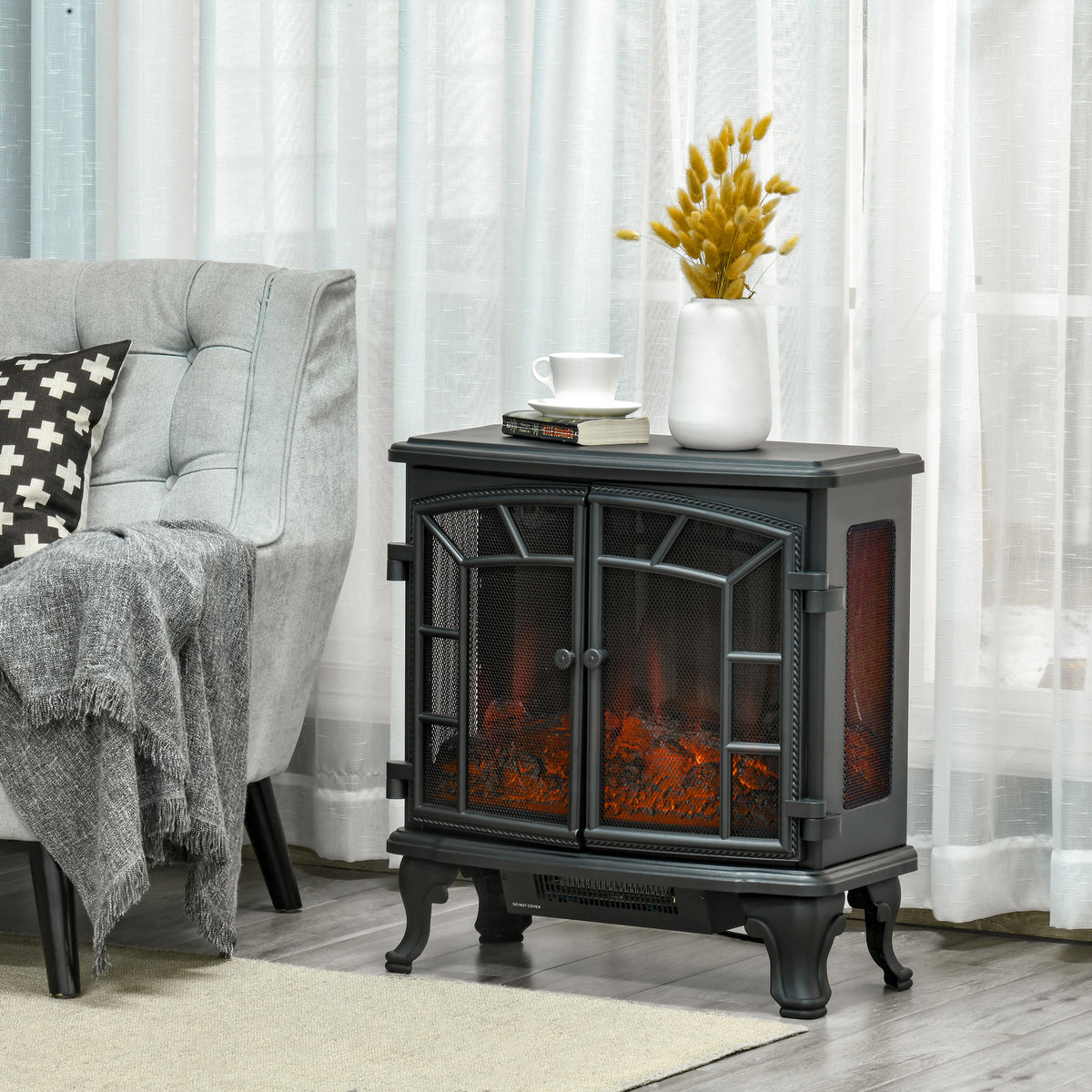 27" Electric Fireplace Heater, Fireplace Stove With Realistic Led Flames And Logs, Remote Control And Overheating Protection, 750W 1500W, Black Black Abs