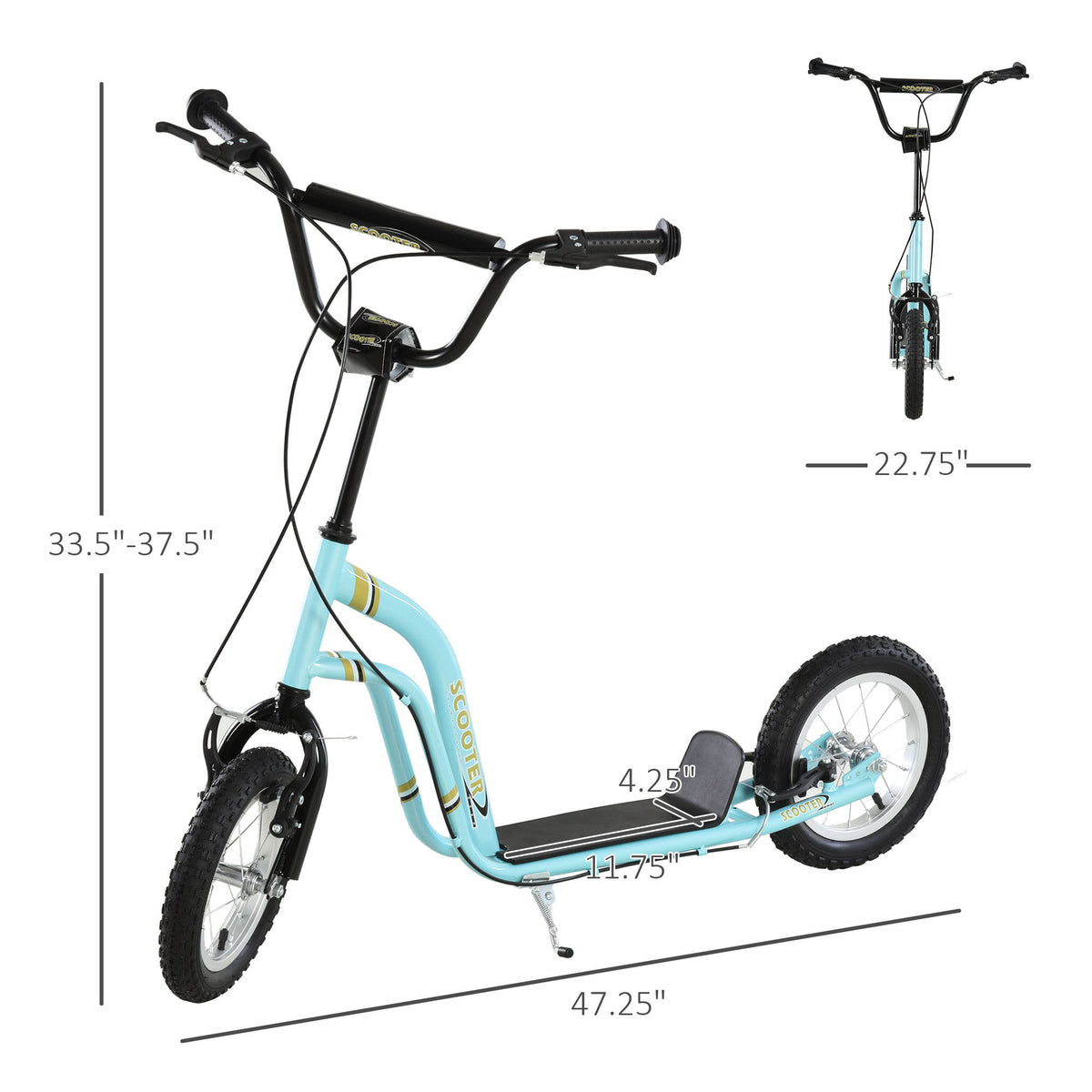 Youth Scooter Front And Rear Caliper Dual Brakes 12 Inch Inflatable Front Wheel Ride On Toy For Age 5 , Blue Blue Metal