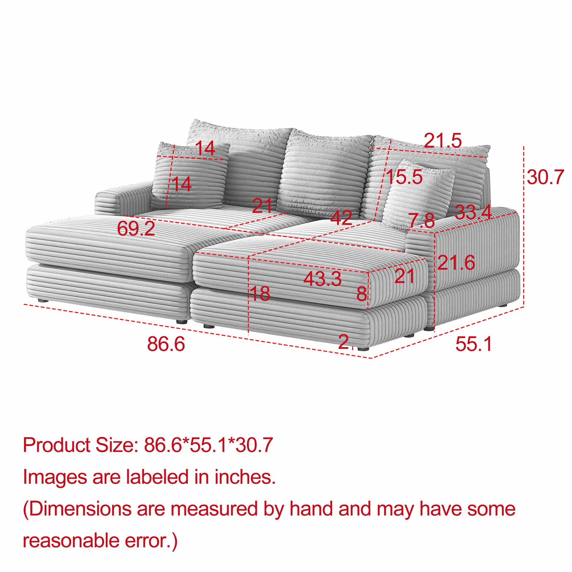 86.6 Inch Corduroy 3 Seater Sofa With 3 Back Pillows2 Toss Pillows And Two Ottoman ,Comfy Sofa Deep Seat Couch For Living Room Army Green Corduroy 3 Seat