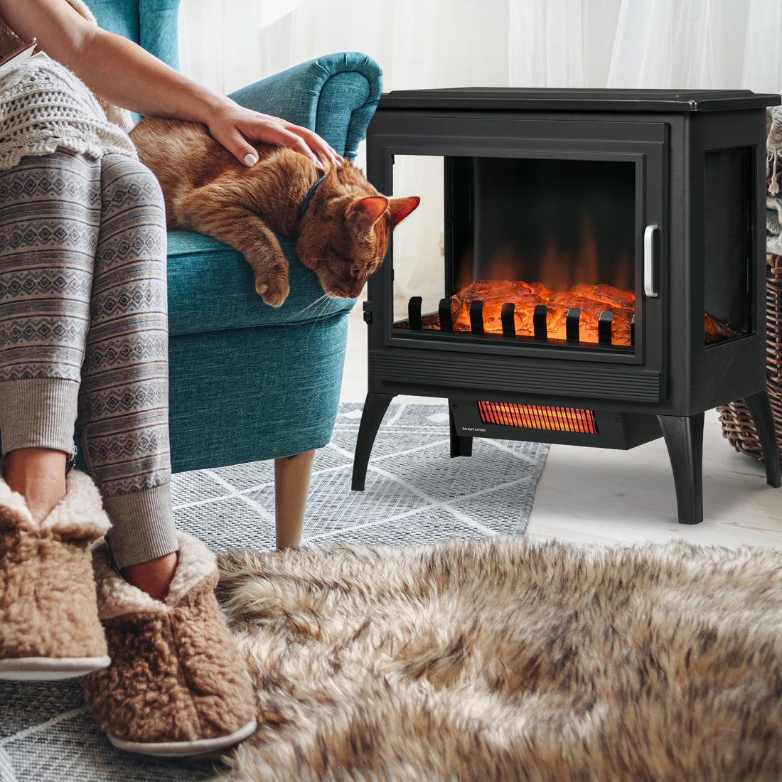 24" Electric Fireplace Stove, Freestanding Infrared Fire Place Heater With Realistic Logs Flame, Adjustable Temperature, Overheat Protection, 1000W 1500W, Black Black Abs