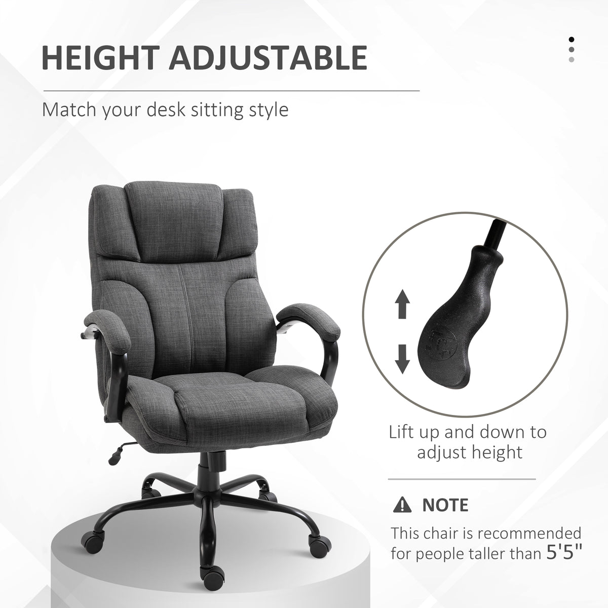 500Lbs Big And Tall Office Chair With Wide Seat, Ergonomic Executive Computer Chair With Adjustable Height, Swivel Wheels And Linen Finish, Dark Grey Grey Polyester