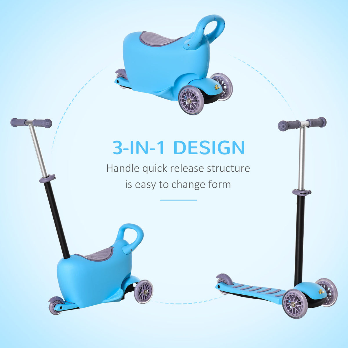 3 In 1 Ride On Push Car, Kids Scooter, Sliding Walker, Push Rider, With Adjustable Handlebar, 3 Balanced Wheels, Removable Storage Seat, For Boys And Girls Aged 2 6 Years Olds, Blue Blue Metal