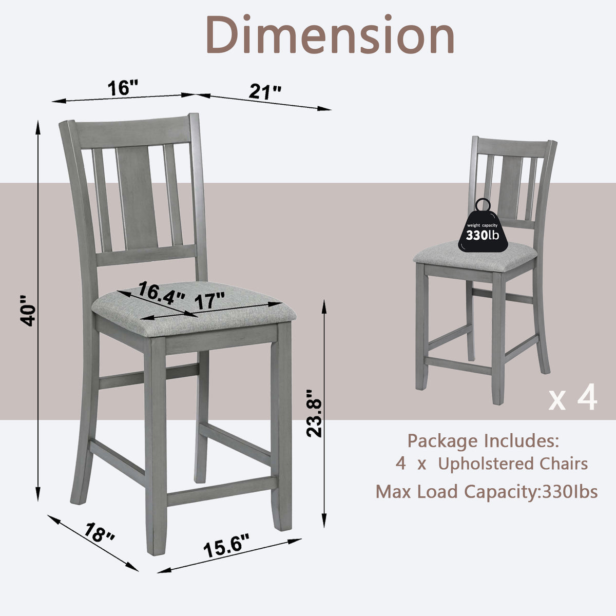 Dining Room Furniture Counter Height Chairs Set Of 4, Kitchen Chair With Padded Seatupholstered Side Chair For Dining Room, Living Room, Gray Wood Gray Solid Back Seats 4 Dining Room Rubberwood Rubber Wood