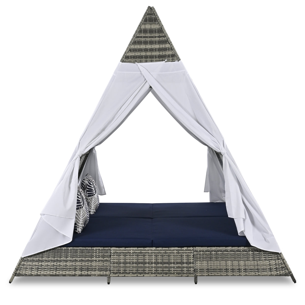 90.5" Length Outdoor Sunbed With Colorful Pillows, Wicker Patio Daybed With Cushions, Tent Shape, Gray And Blue Yes Blue Grey Wicker
