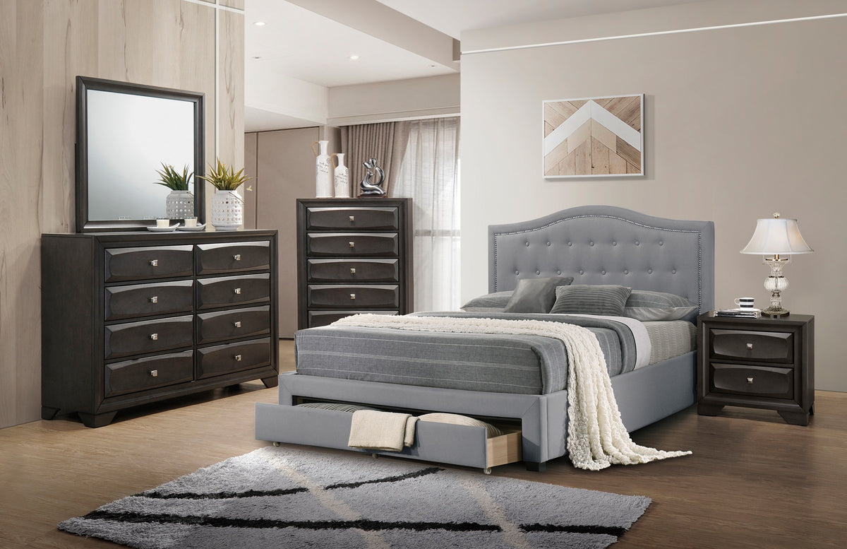 Light Grey Burlap Fabric 1Pcs Queen Size Bed W Drawer Button Tufted Arch Design Headboard Storage Fb Bedframe Bedroom Furniture Box Spring Not Required Queen Light Grey Wood Bedroom American Design,Contemporary,Modern,Transitional Bed Frame Burlap