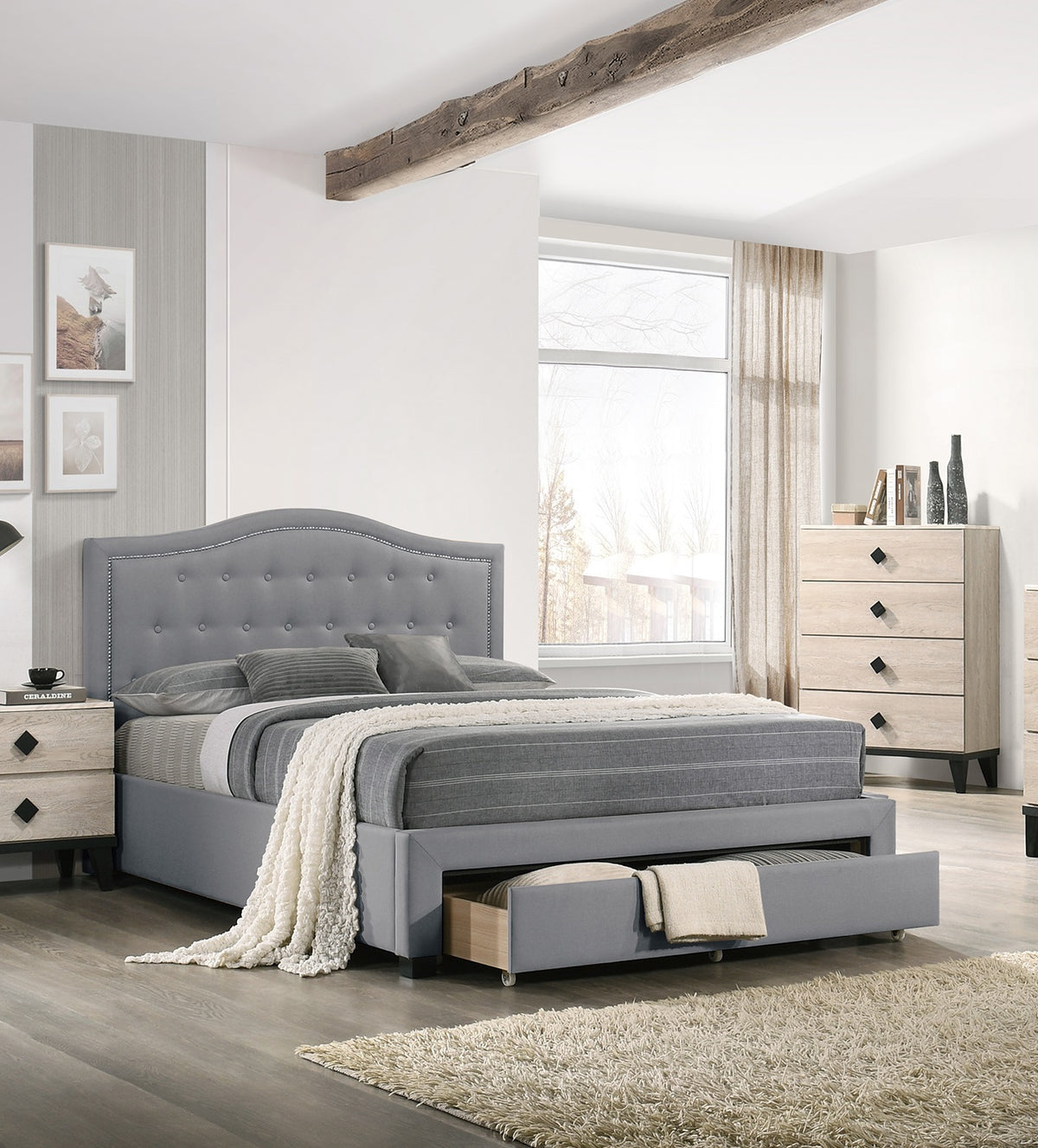 Light Grey Burlap Fabric 1Pcs Queen Size Bed W Drawer Button Tufted Arch Design Headboard Storage Fb Bedframe Bedroom Furniture Box Spring Not Required Queen Light Grey Wood Bedroom American Design,Contemporary,Modern,Transitional Bed Frame Burlap