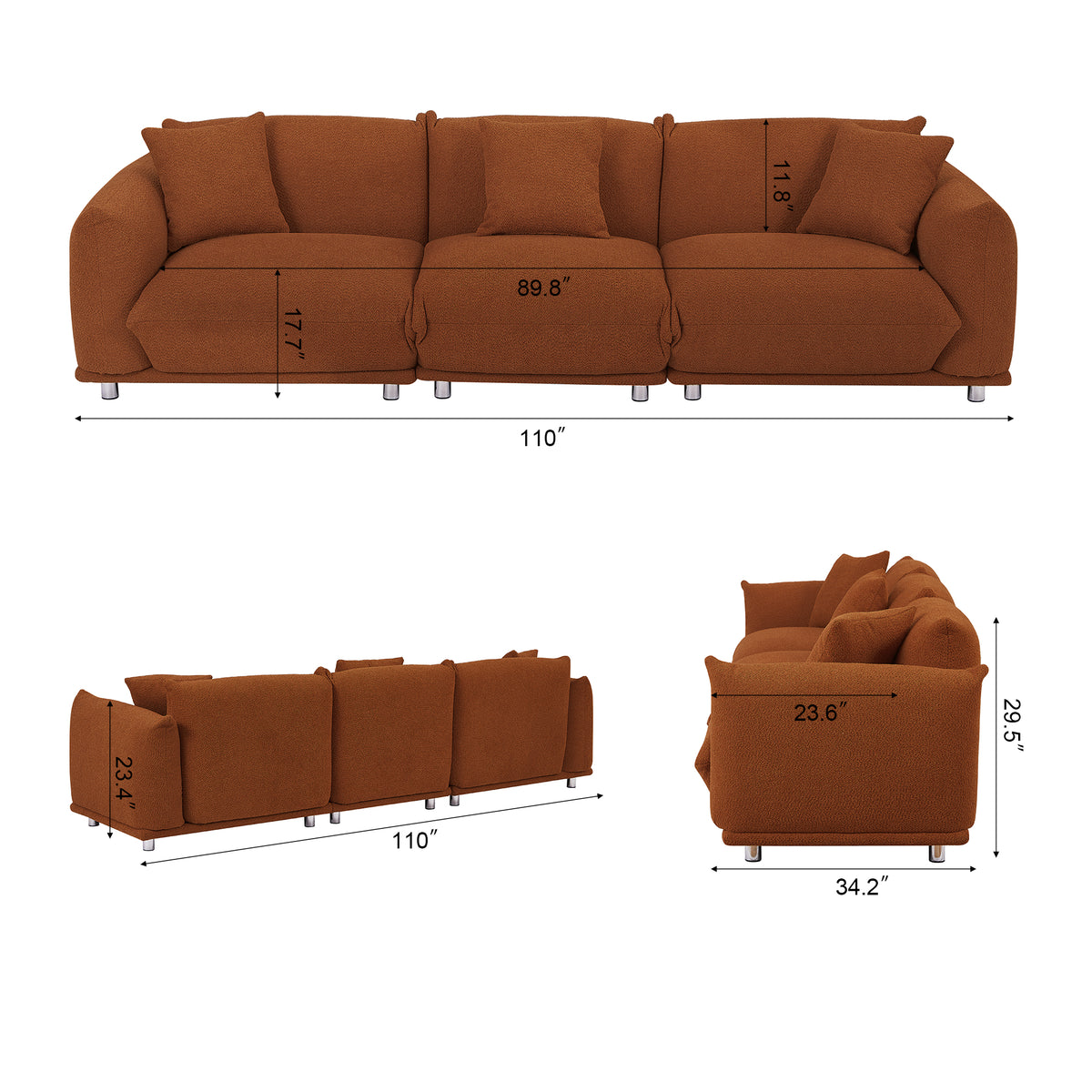 Originality Shapes Curry Lambswool Sherpa 4 Seater Sofa With Metal Legs, Solid Wood Frame Couch With 3 Pillows, Linear And Modular Version Design, Possibility Combined Armchair Current Style Brown