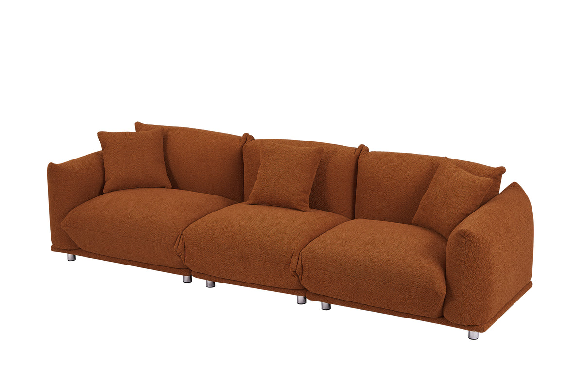 Originality Shapes Curry Lambswool Sherpa 4 Seater Sofa With Metal Legs, Solid Wood Frame Couch With 3 Pillows, Linear And Modular Version Design, Possibility Combined Armchair Current Style Brown