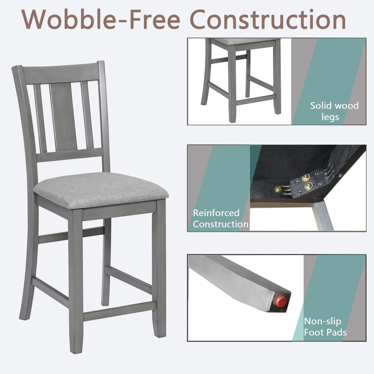 Dining Room Furniture Counter Height Chairs Set Of 4, Kitchen Chair With Padded Seatupholstered Side Chair For Dining Room, Living Room, Gray Wood Gray Solid Back Seats 4 Dining Room Rubberwood Rubber Wood