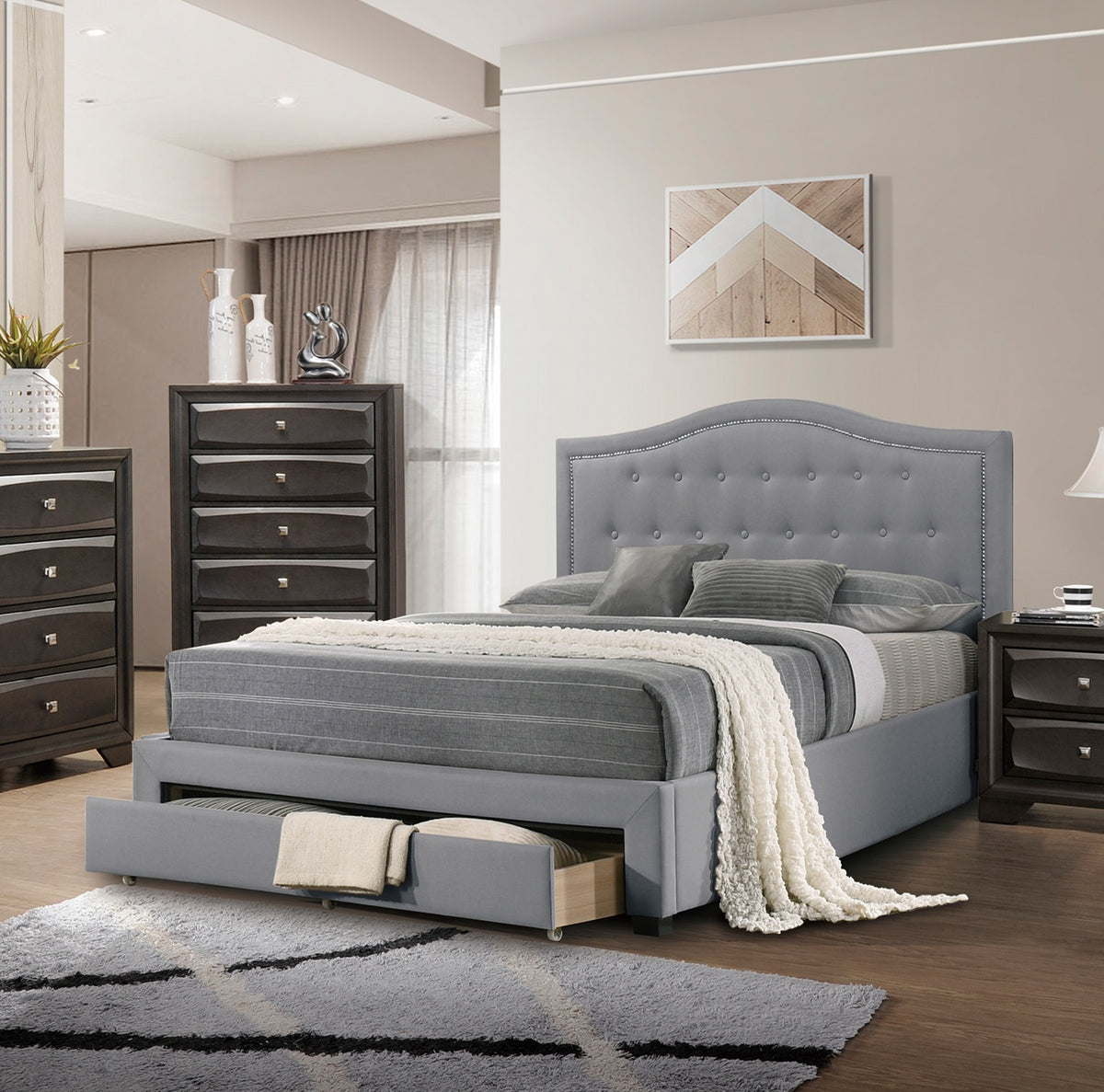 Light Grey Burlap Fabric 1Pcs Queen Size Bed W Drawer Button Tufted Arch Design Headboard Storage Fb Bedframe Bedroom Furniture Box Spring Not Required Queen Light Grey Wood Bedroom American Design,Contemporary,Modern,Transitional Bed Frame Burlap