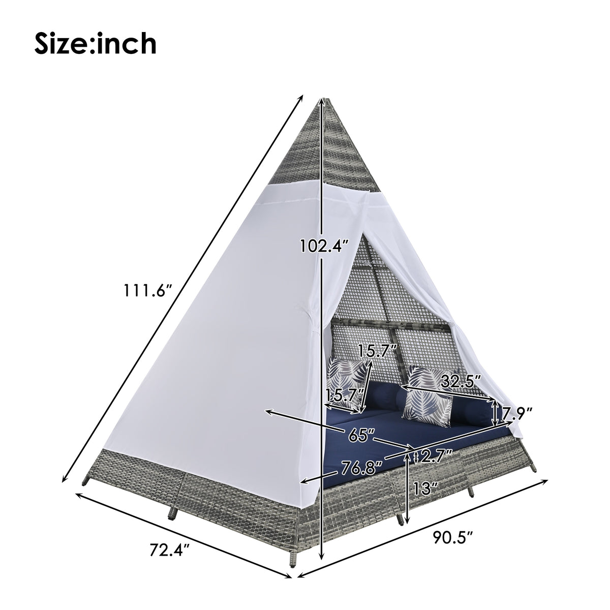 90.5" Length Outdoor Sunbed With Colorful Pillows, Wicker Patio Daybed With Cushions, Tent Shape, Gray And Blue Yes Blue Grey Wicker