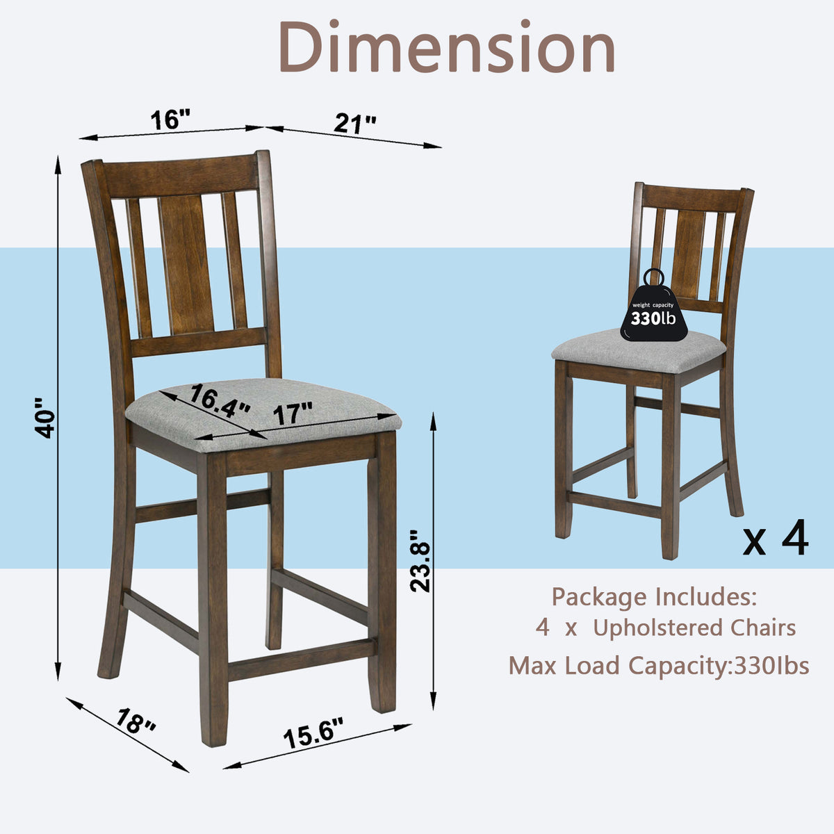 Dining Room Furniture Counter Height Chairs Set For 4, Kitchen Chair With Padded Seat, Walnut Wood Walnut Solid Back Seats 4 Dining Room Rubberwood Rubber Wood